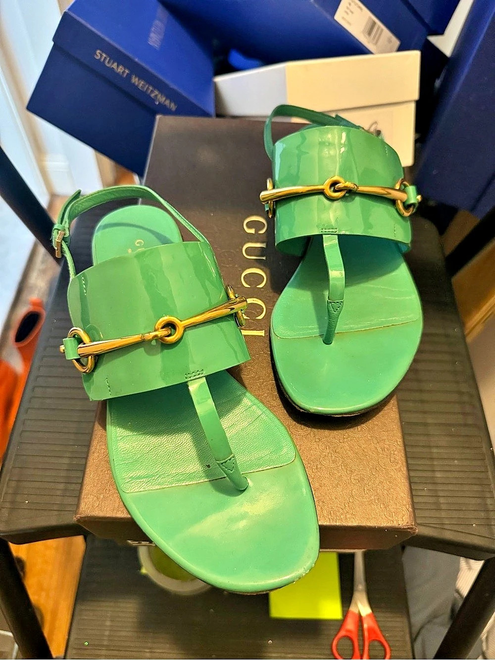 Gucci Horsebit Patent Thong Slingback Sandal Green Sandals
